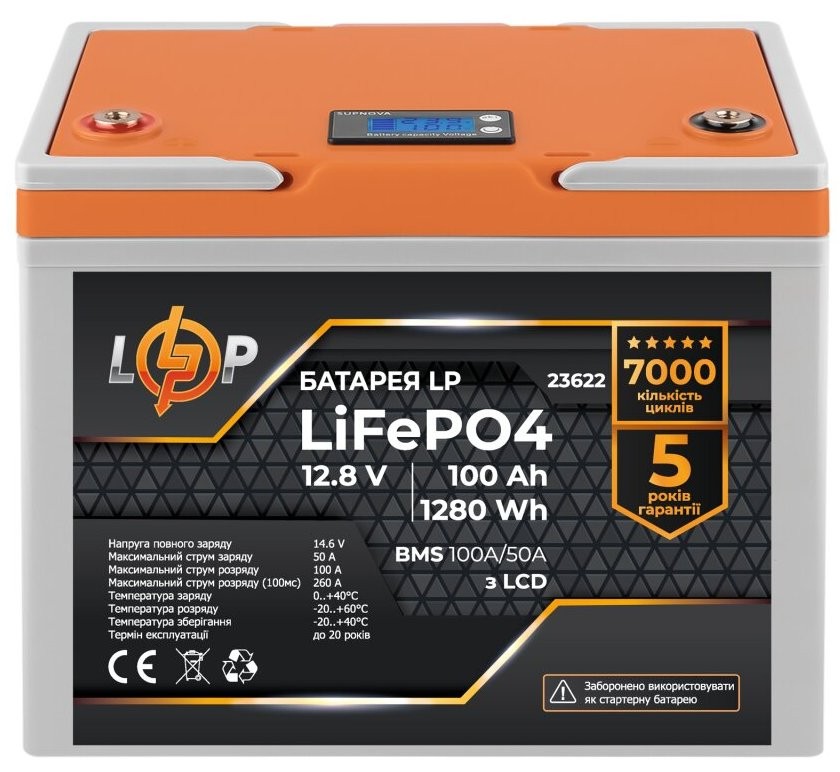 Аккумулятор 100 A·h LP LiFePO4 12.8V - 100 Ah (1280Wh) BMS 100A/50A пластик LCD (23622)