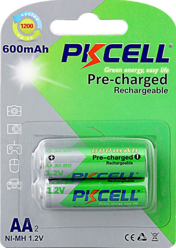 Характеристики аккумуляторы aa PkCell AA 600mAh, 1.2V Ni-MH, 2pcs/card green