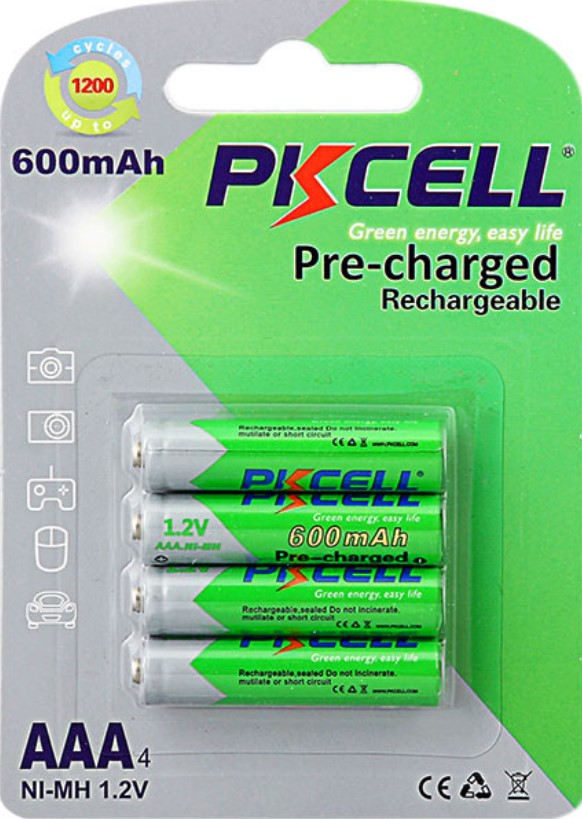 Батарейки типу ААА PkCell AAA 600mAh, 1.2V Ni-MH, RTU, 4pcs/card green
