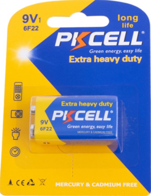 PkCell 9V 6F22, 1.5V, Extra heavy duty, 1pc/card