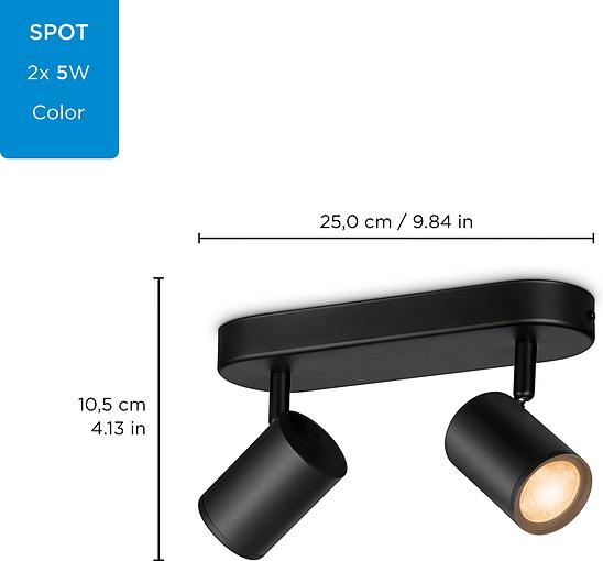 Светильник точечный накладной умный WiZ IMAGEO Spots 2х5W 2200-6500K RGB Wi-Fi черный (929002659101) цена 1999.00 грн - фотография 2
