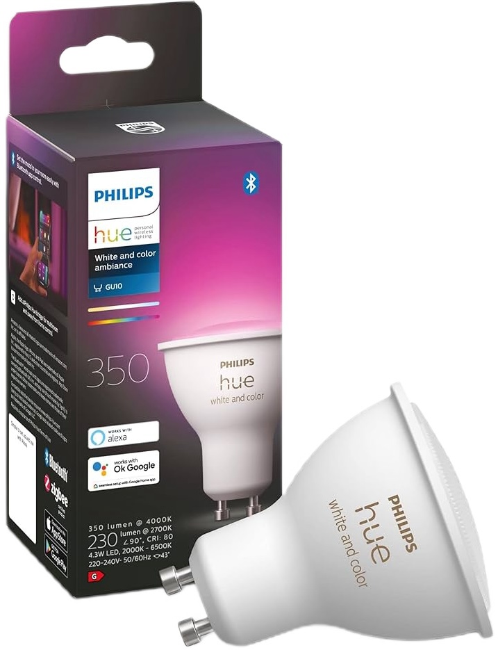 Лампа Philips светодиодная Philips Hue GU10, 5.7W (50Вт), 2000K-6500K, RGB (929001953111)