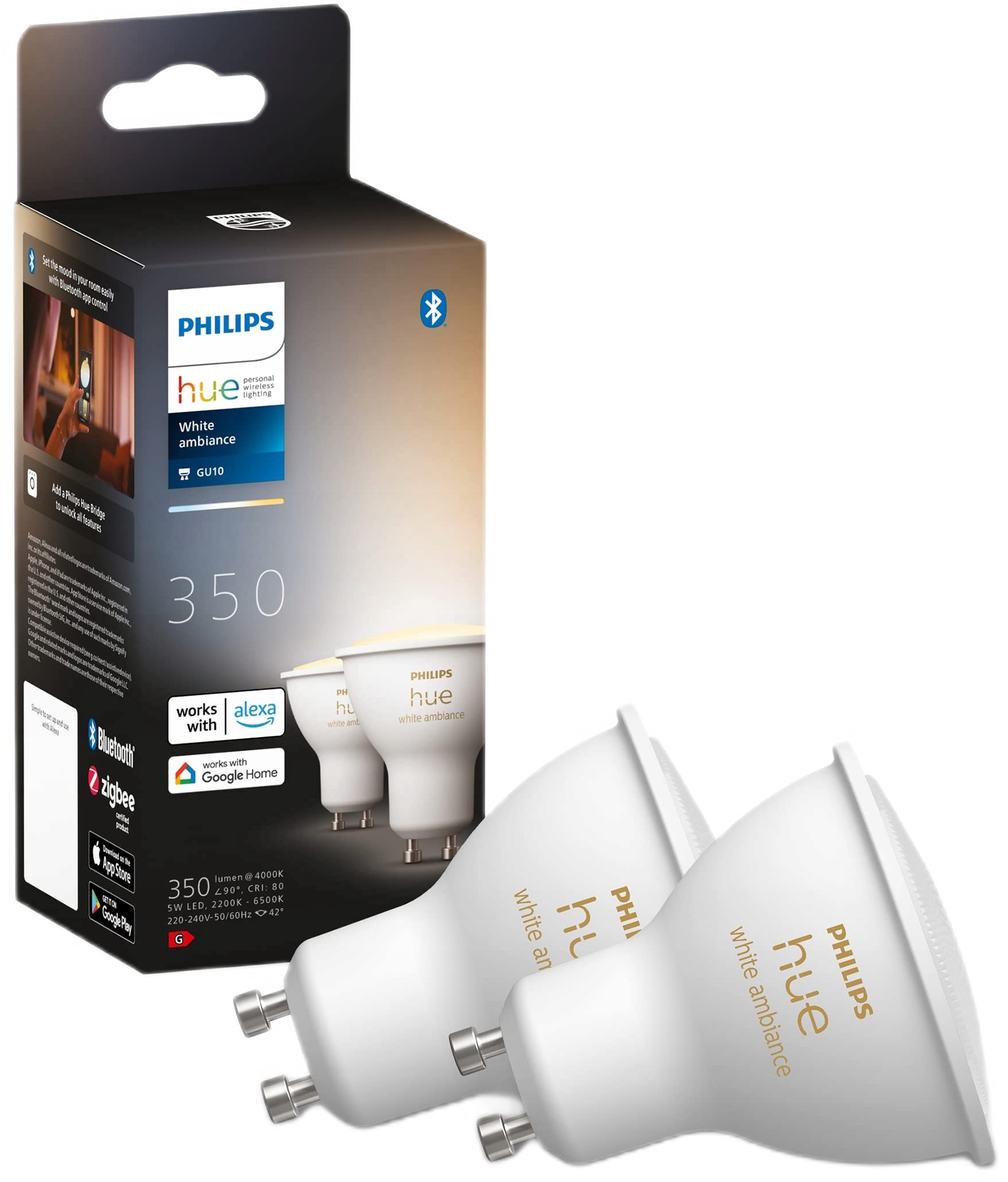 Лампа Philips светодиодная Philips Hue GU10, 5W (50Вт), 2200K-6500K, Tunable white, ZigBee, 2шт. (929001953310)
