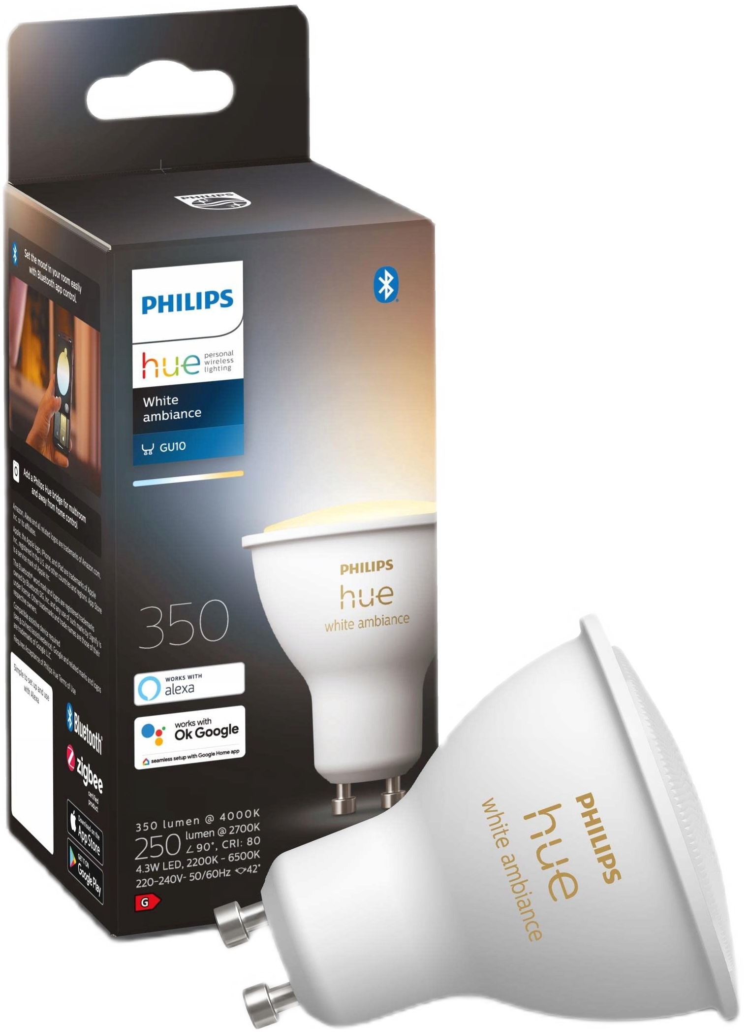 Лампа Philips светодиодная Philips Hue GU10, 5W (50Вт), 2200K-6500K, Tunable white, ZigBee (929001953309)