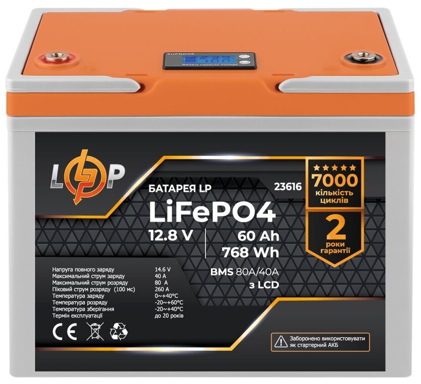 Аккумулятор LogicPower LiFePO4 12,8V - 60 Ah (768Wh) (BMS 80A/40A) пластик LCD (23616)