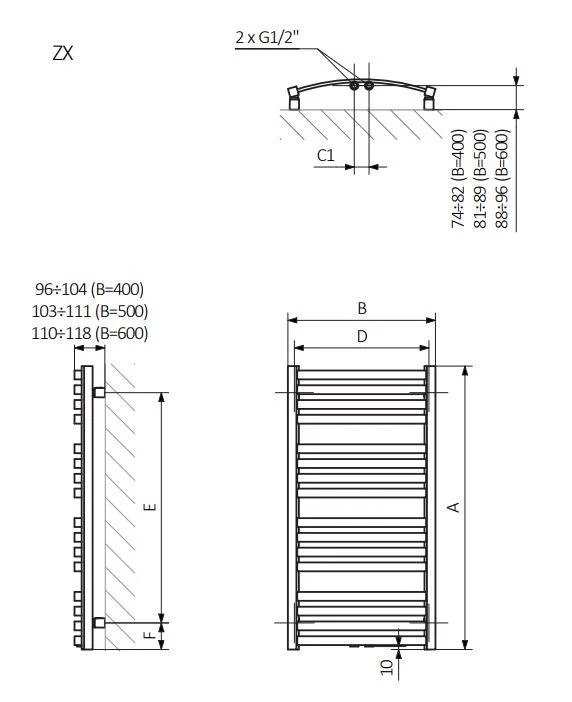 Terma D01 960x500 Белый Габаритные размеры