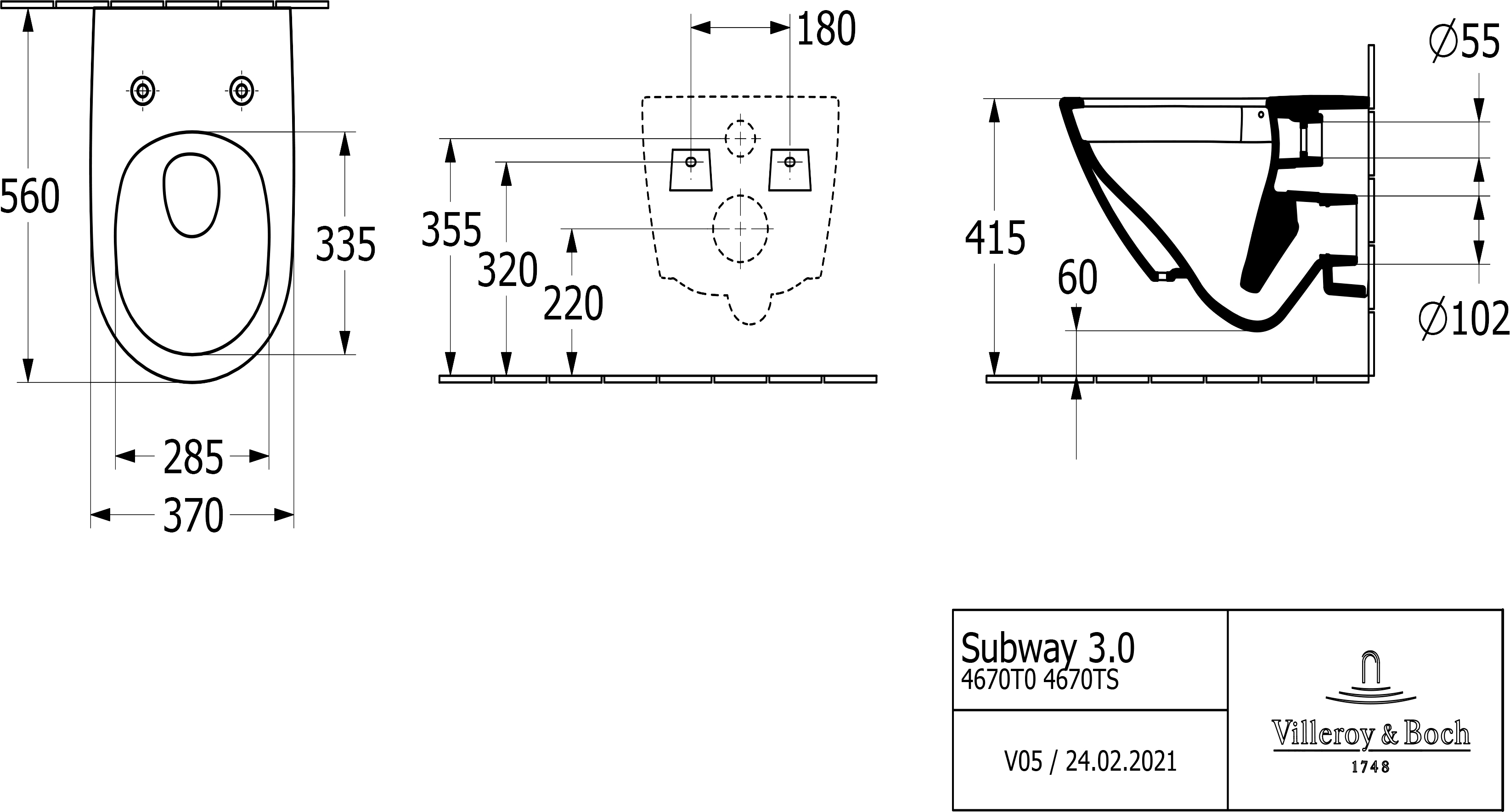 Villeroy&Boch Subway 3.0 4670TS01 с сиденьем Soft Close Габаритные размеры