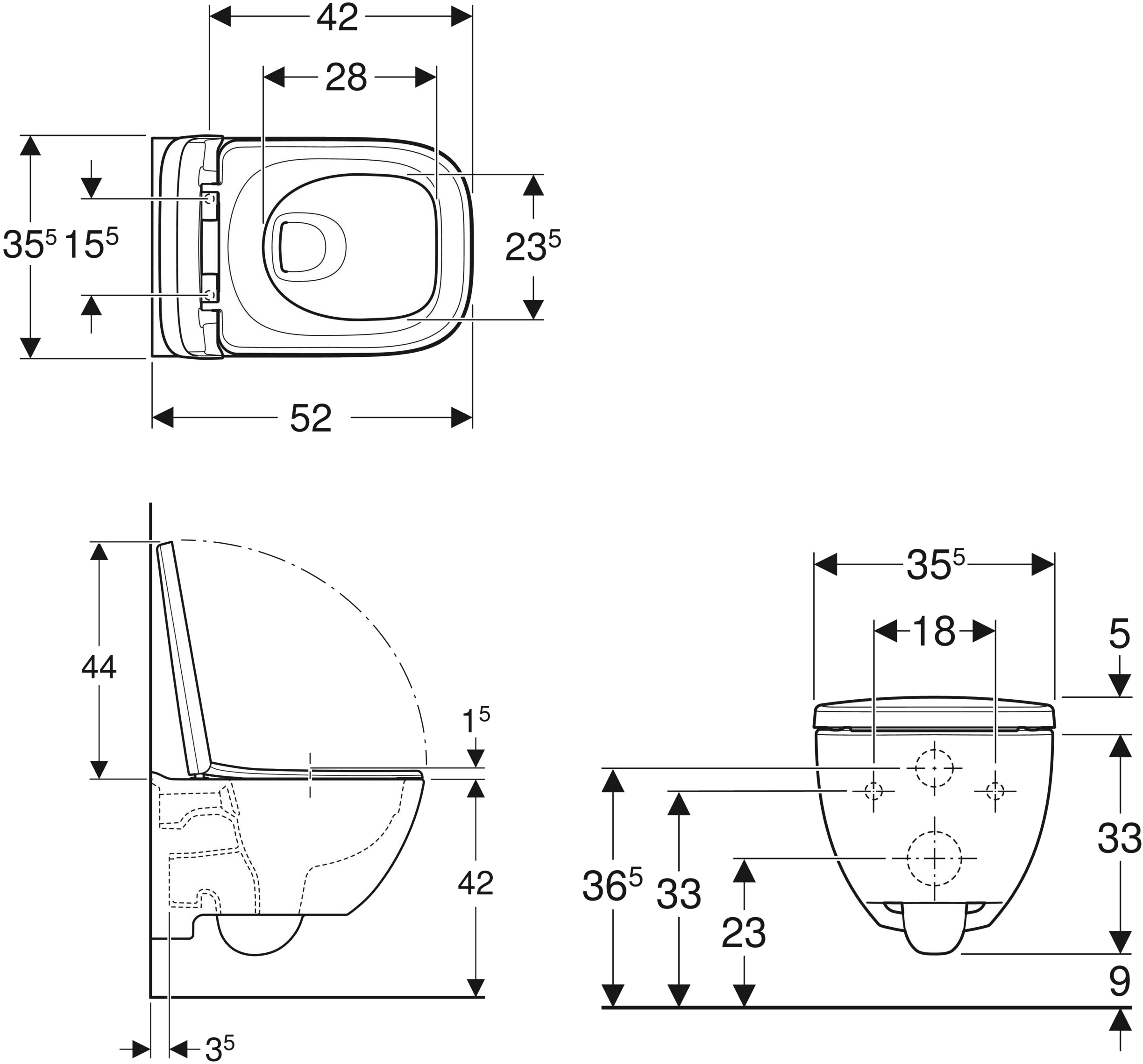 Geberit Modo Square Rimfree 502.827.00.1, з сидінням з кришкою Габаритні розміри