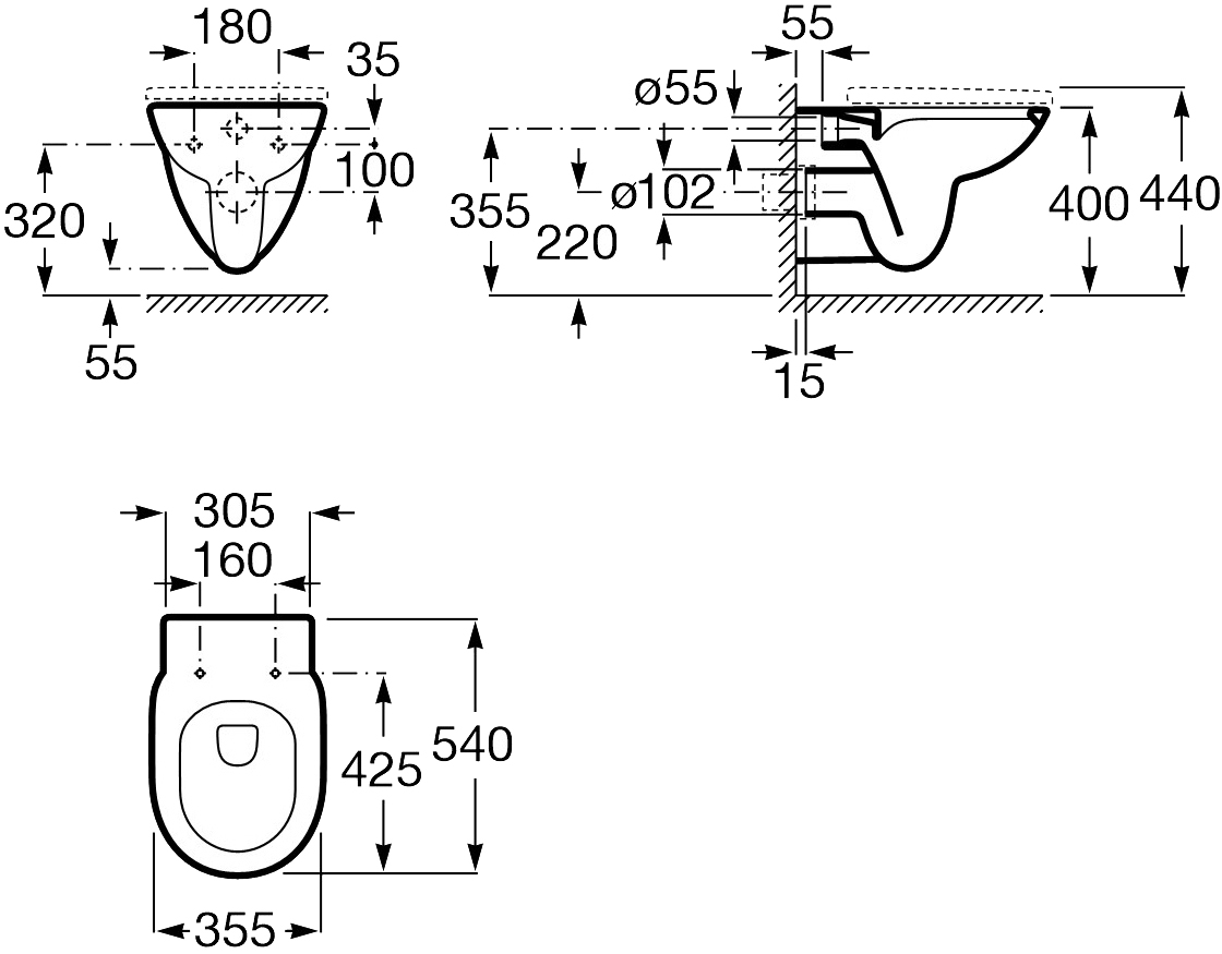 Roca Debba Round Rimless A34H992000, з сидінням Slim slow closing Габаритні розміри