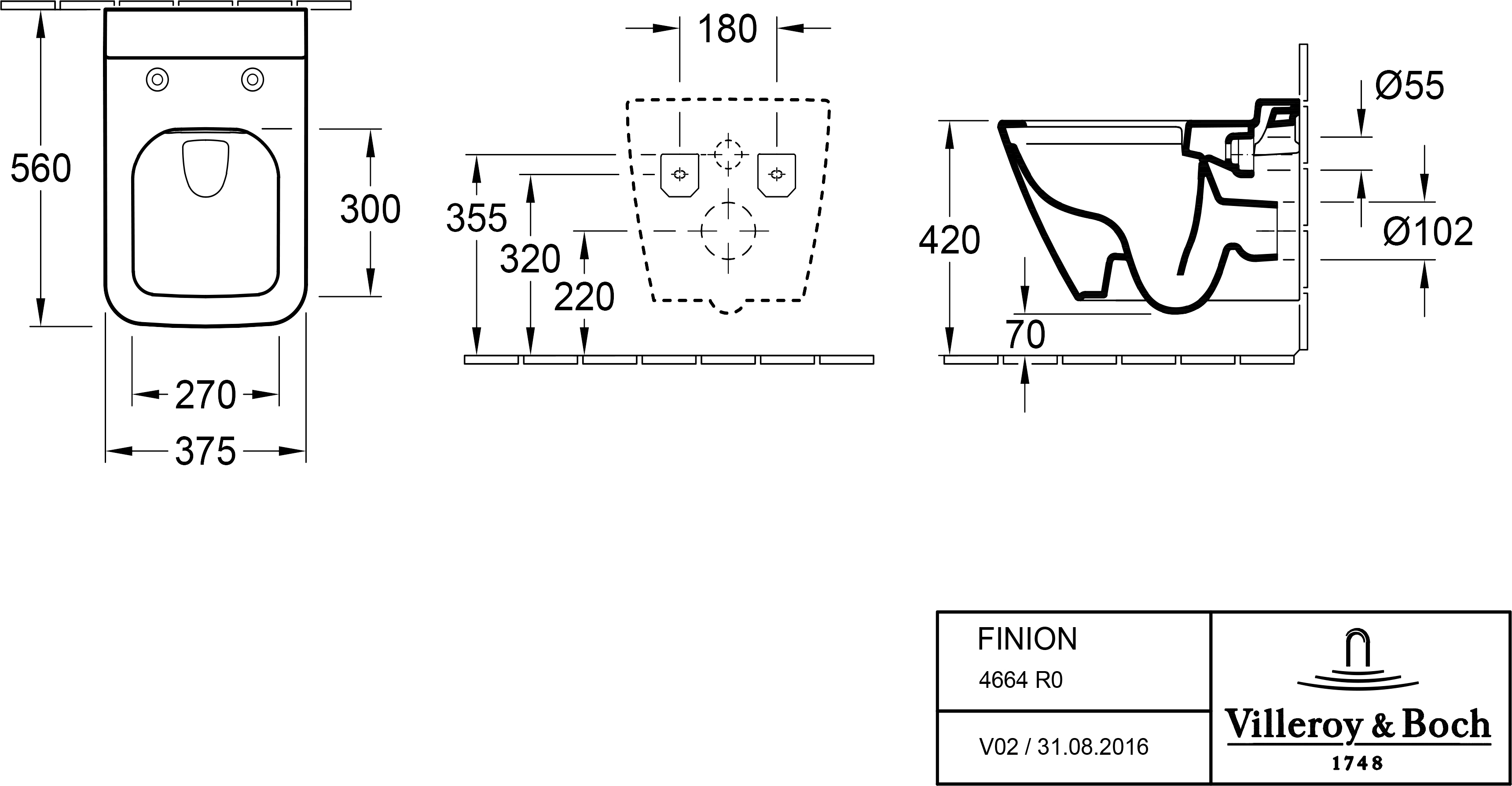 Villeroy&Boch Finion Rimless 4664R0R1 Габаритні розміри