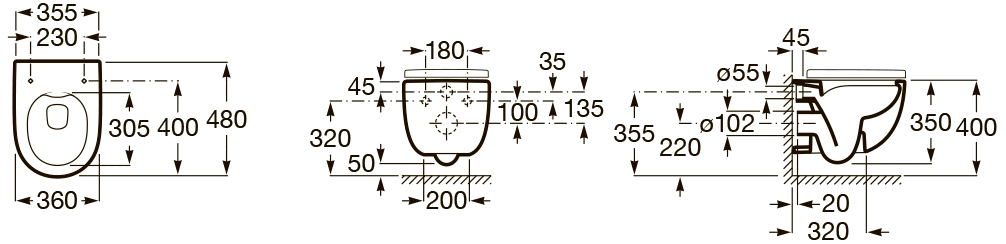 Roca Meridian Rimless A346244000 Габаритні розміри