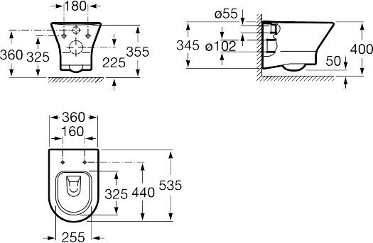 Roca Nexo Rimless A34H64L000, з сидінням slow-closing Габаритні розміри