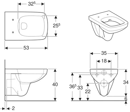 Geberit SelNova Square Rimfree 501.458.00.7 Габаритні розміри