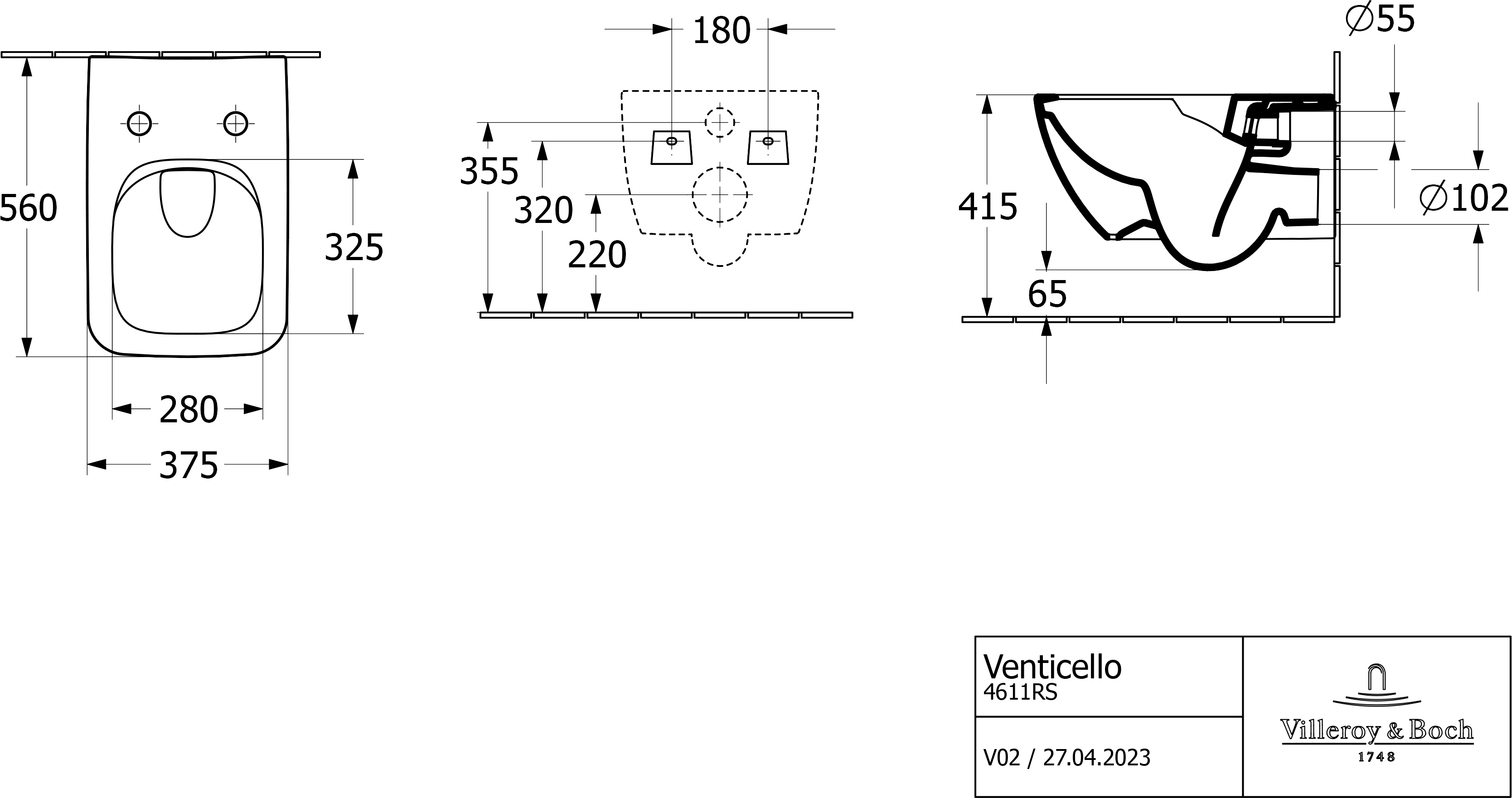 Villeroy&Boch Venticello 4611RS01, с сиденьем Slimseat с функц. QuickRelease и SoftClosing Габаритные размеры