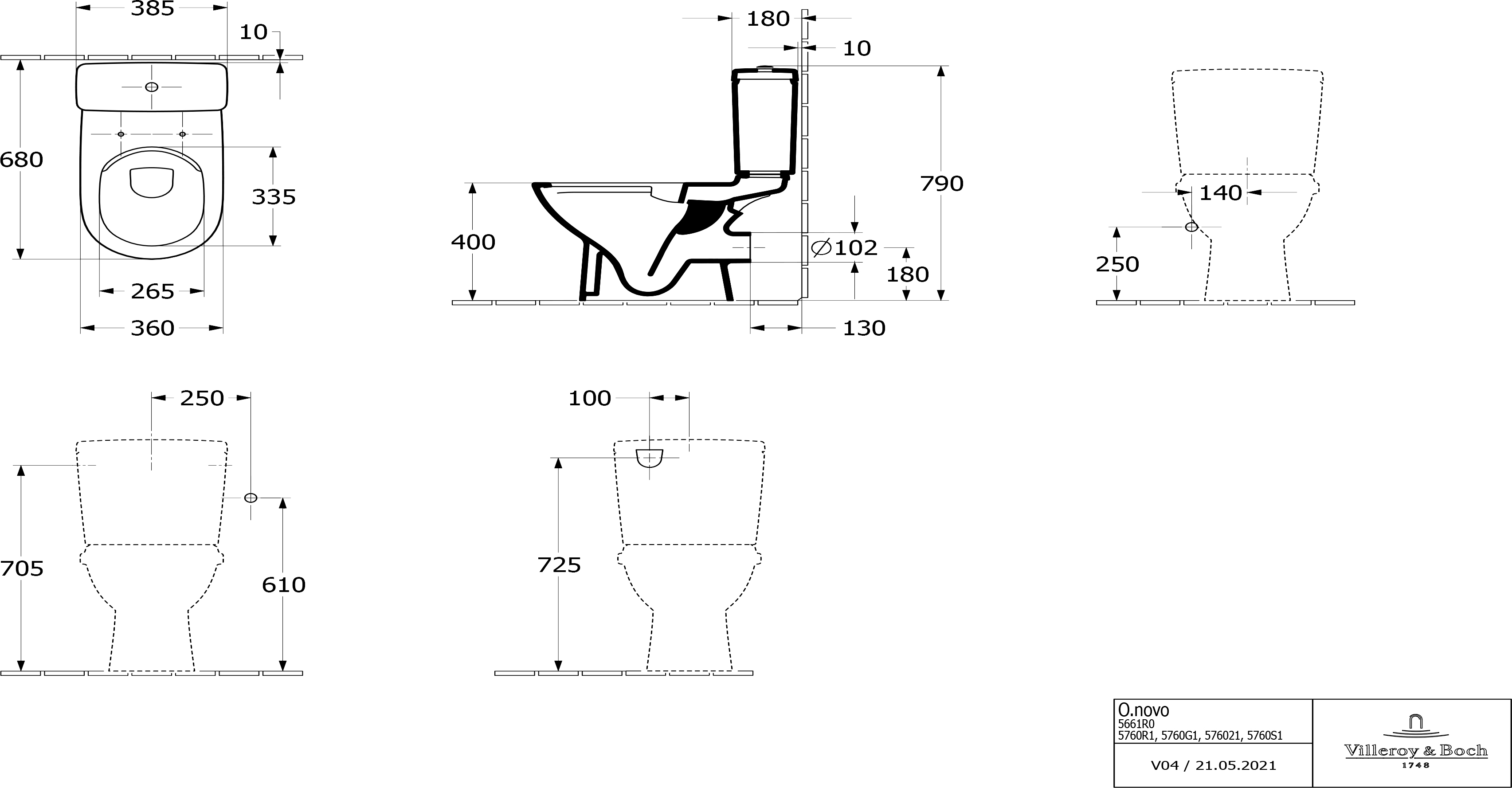 Villeroy&Boch O.Novo 5661R001 без бачка та кришки Габаритні розміри