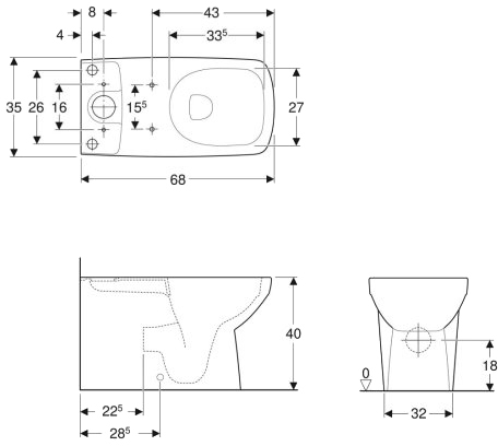 Geberit SelNova Square Rimfree 500.489.01.7 Габаритні розміри