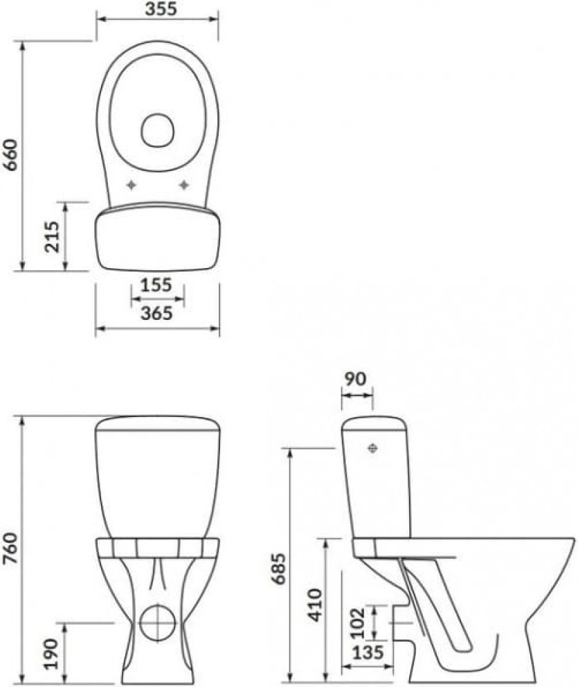 Cersanit Milos 817 KA010 с сиденьем из полипропилена (K681-009) Габаритные размеры