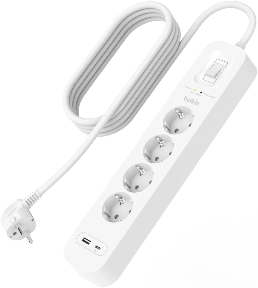 ᐉ Сетевой фильтр Belkin 4хSchuko, 16А, USB-A/USB-C, 18Вт, 2м ...