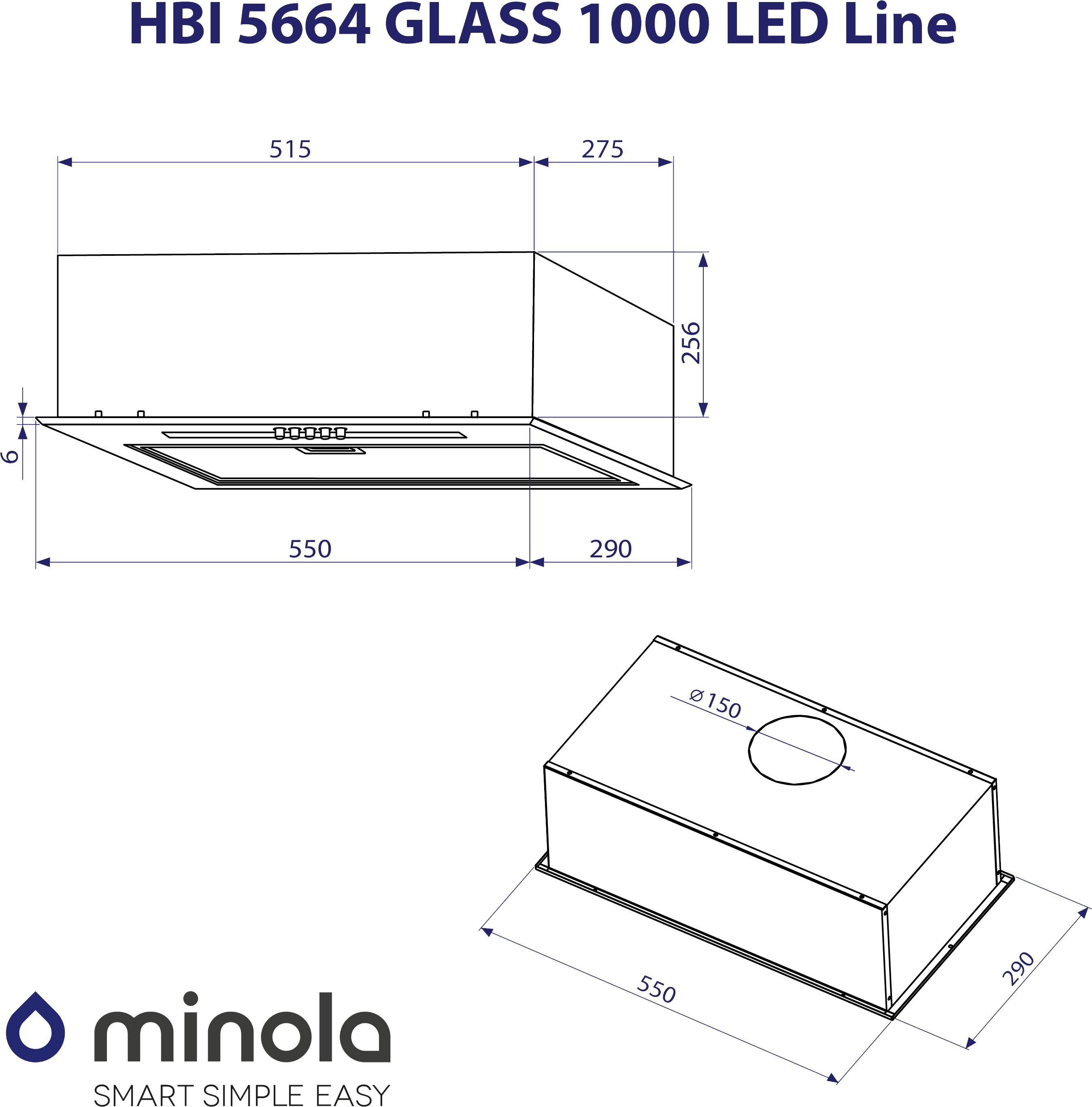 Minola HBI 5664 WH GLASS 1000 LED Line Габаритні розміри