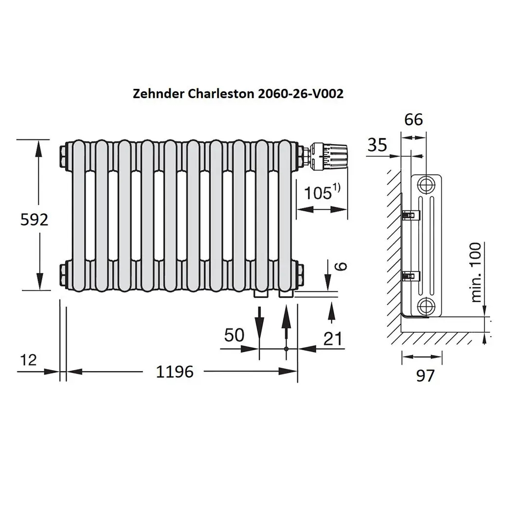 Zehnder Charleston 2 H-600мм, L-1196 мм Габаритные размеры