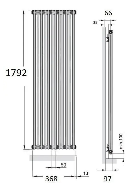 Zehnder Charleston 2 H-1800мм, L-368мм Габаритные размеры