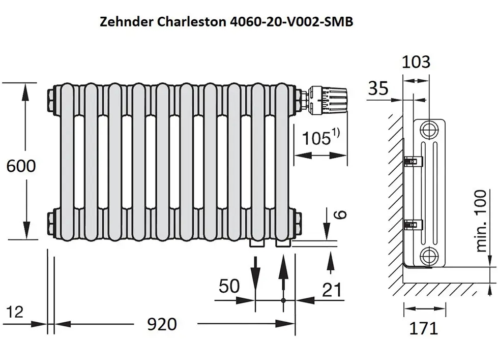 Zehnder Charleston 3 H-600мм, L-1196мм Габаритные размеры