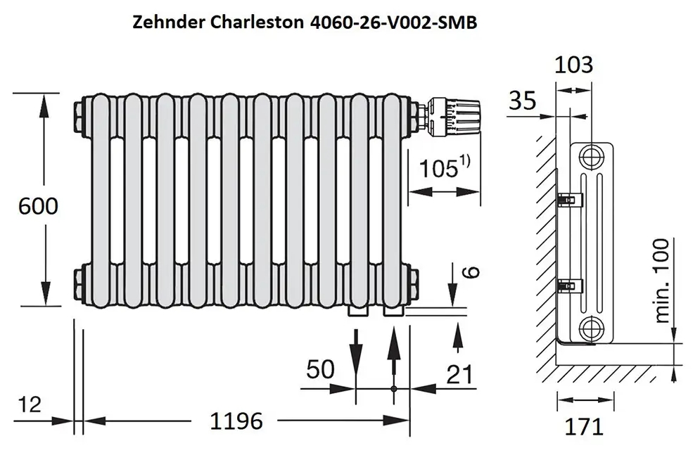 Zehnder Charleston 4 H-600мм, L-1196мм Габаритные размеры