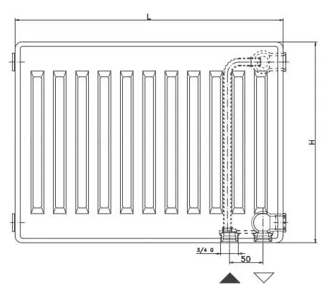 DeLonghi Plattella V6 L тип 33, 500x2600, 7036 Ватт, нижнее/боковое подкл. Габаритные размеры