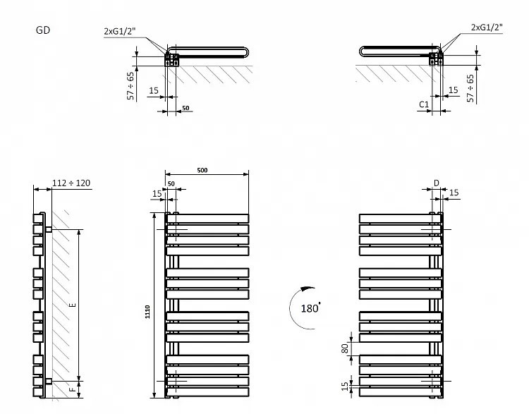 Terma WARP S 1110x500 Чорний Габаритні розміри