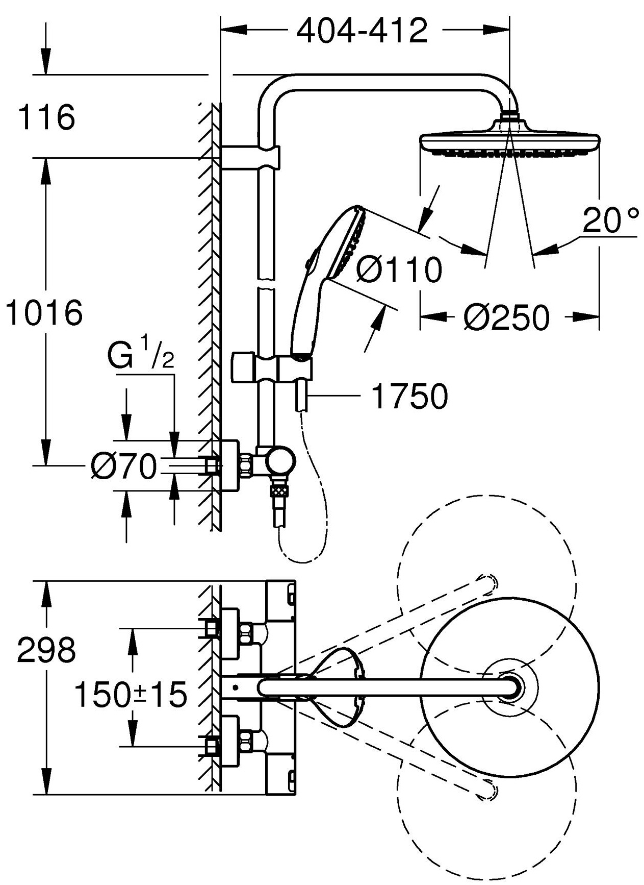 Grohe QuickFix Vitalio Comfort System 250 26677001 Габаритні розміри