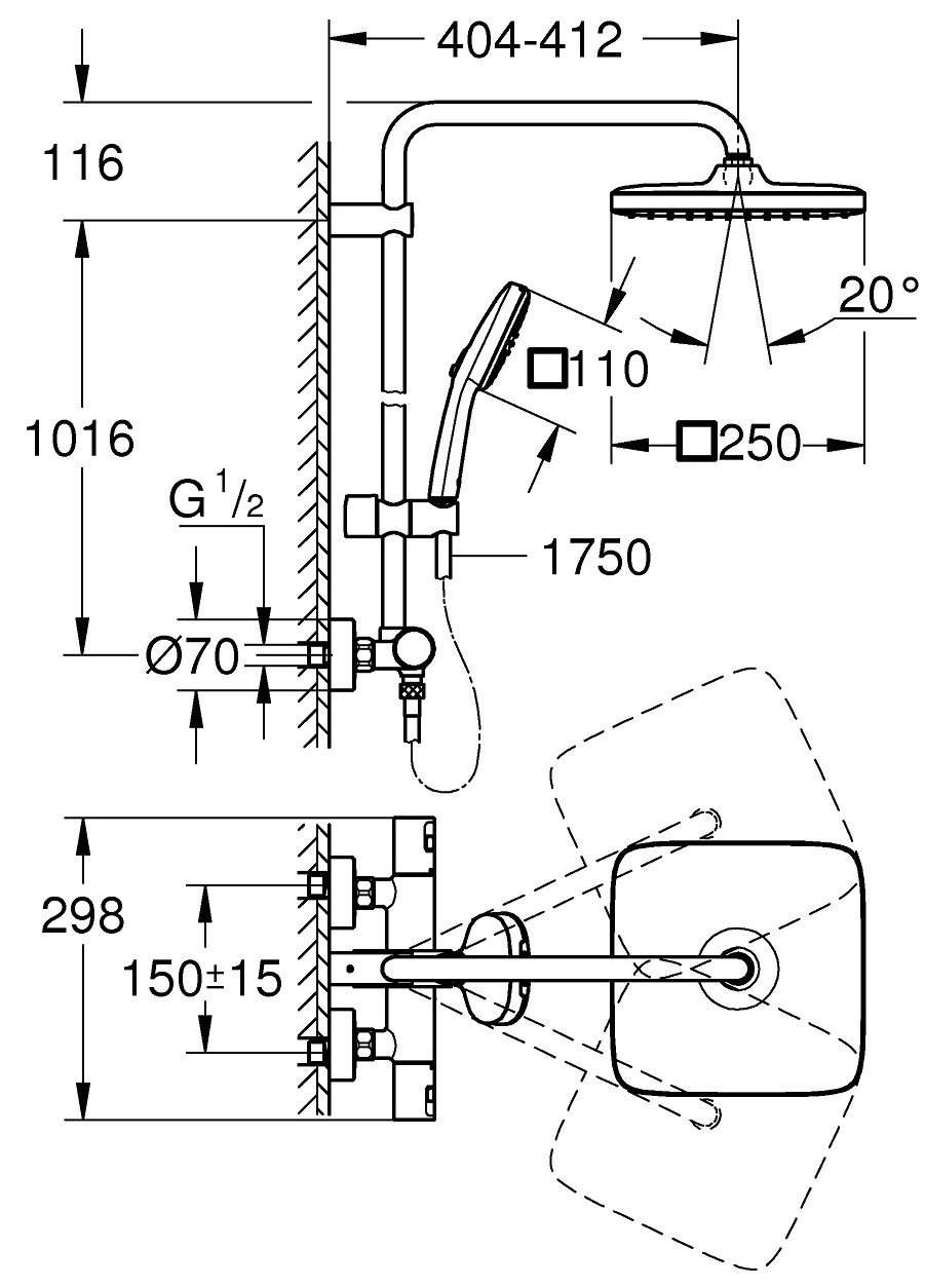 Grohe QuickFix Vitalio Comfort System 250 Cube 26696001 Габаритні розміри