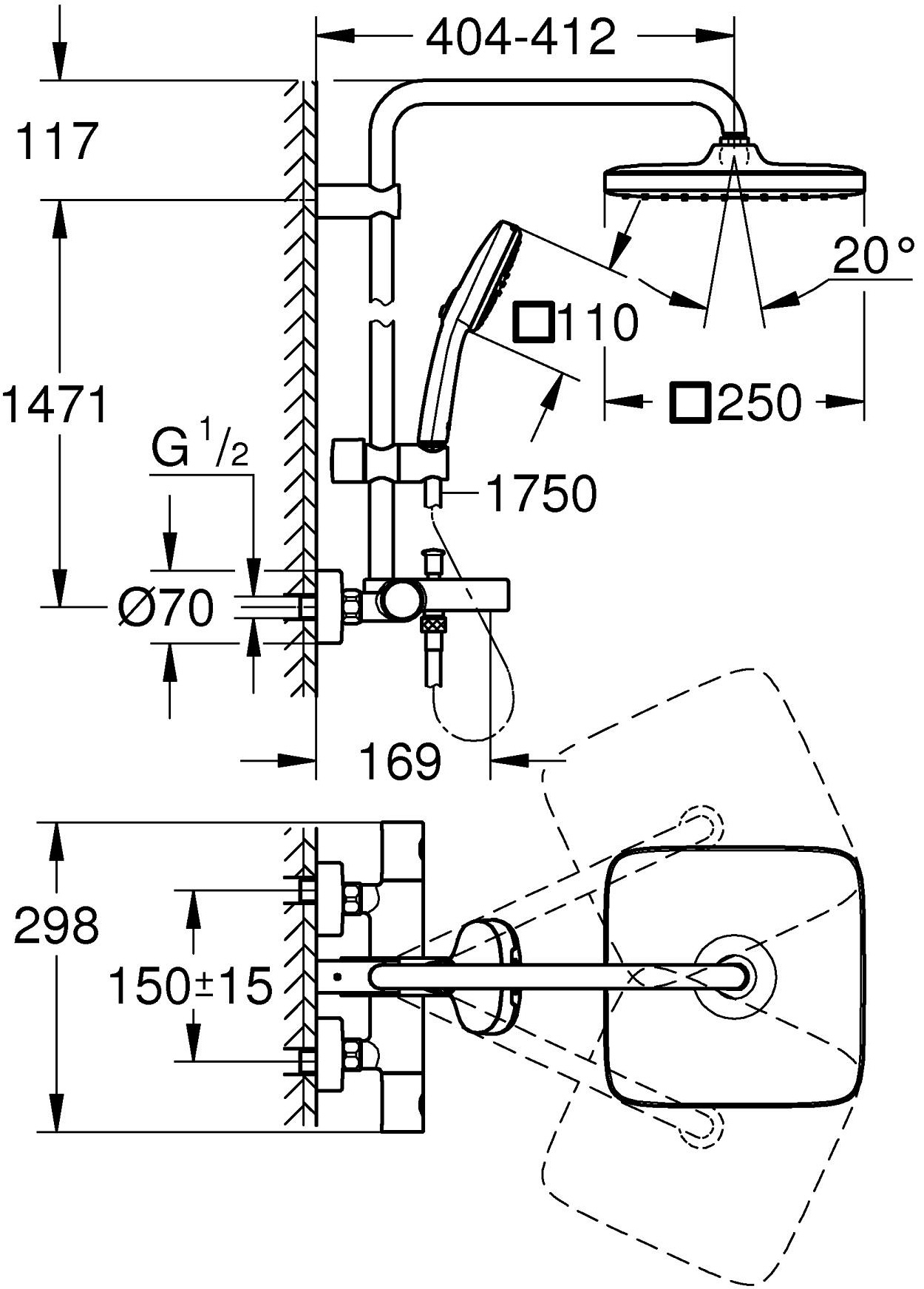 Grohe QuickFix Vitalio Comfort System 250 26984001 Габаритні розміри