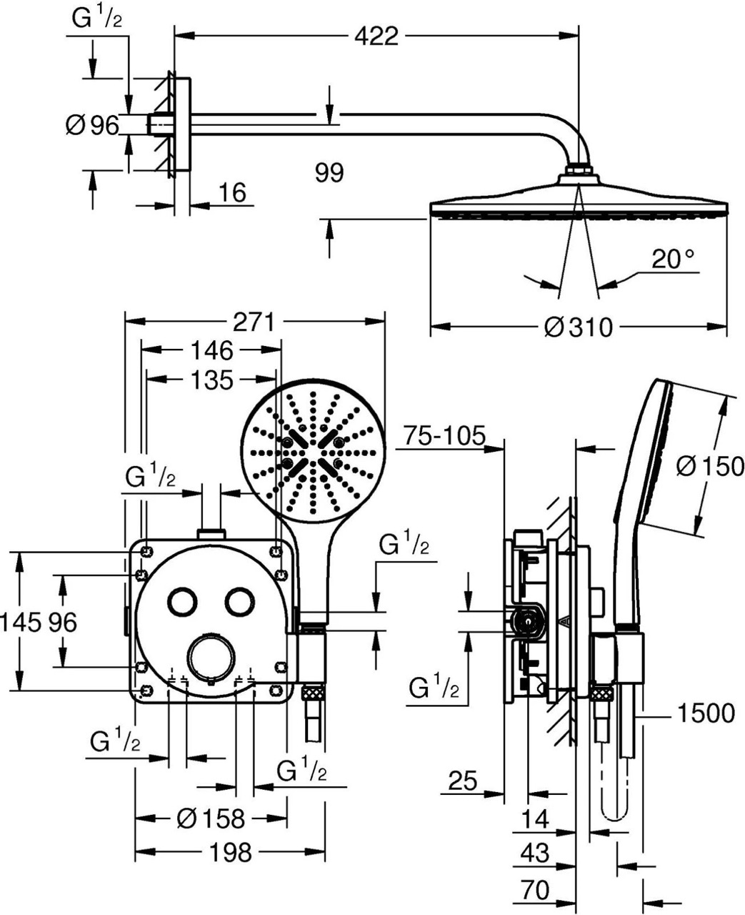 Grohe QuickFix Precision SmartControl 34877000 Габаритні розміри