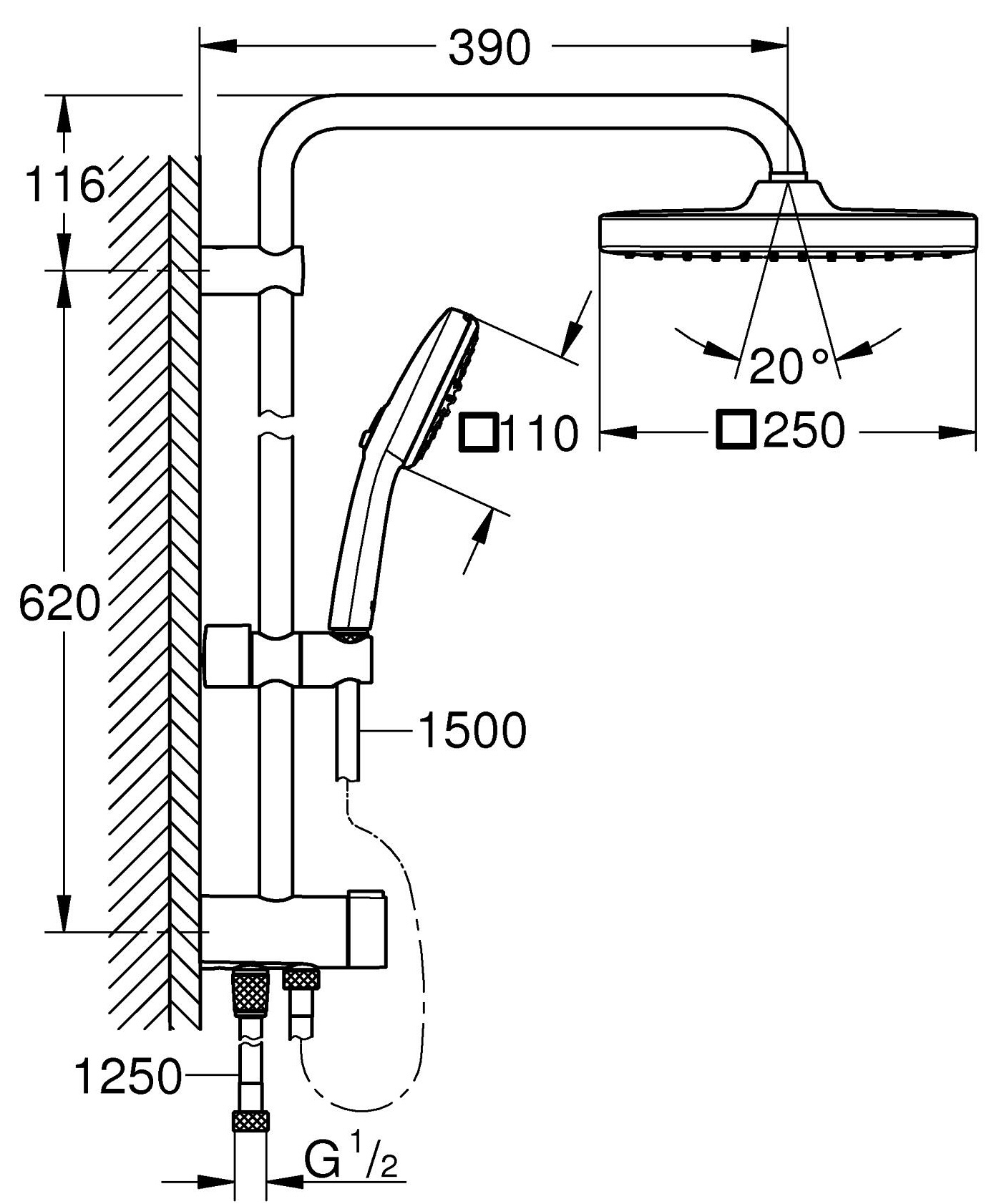 Grohe QuickFix Vitalio Comfort 250 Cube 26698001 Габаритні розміри