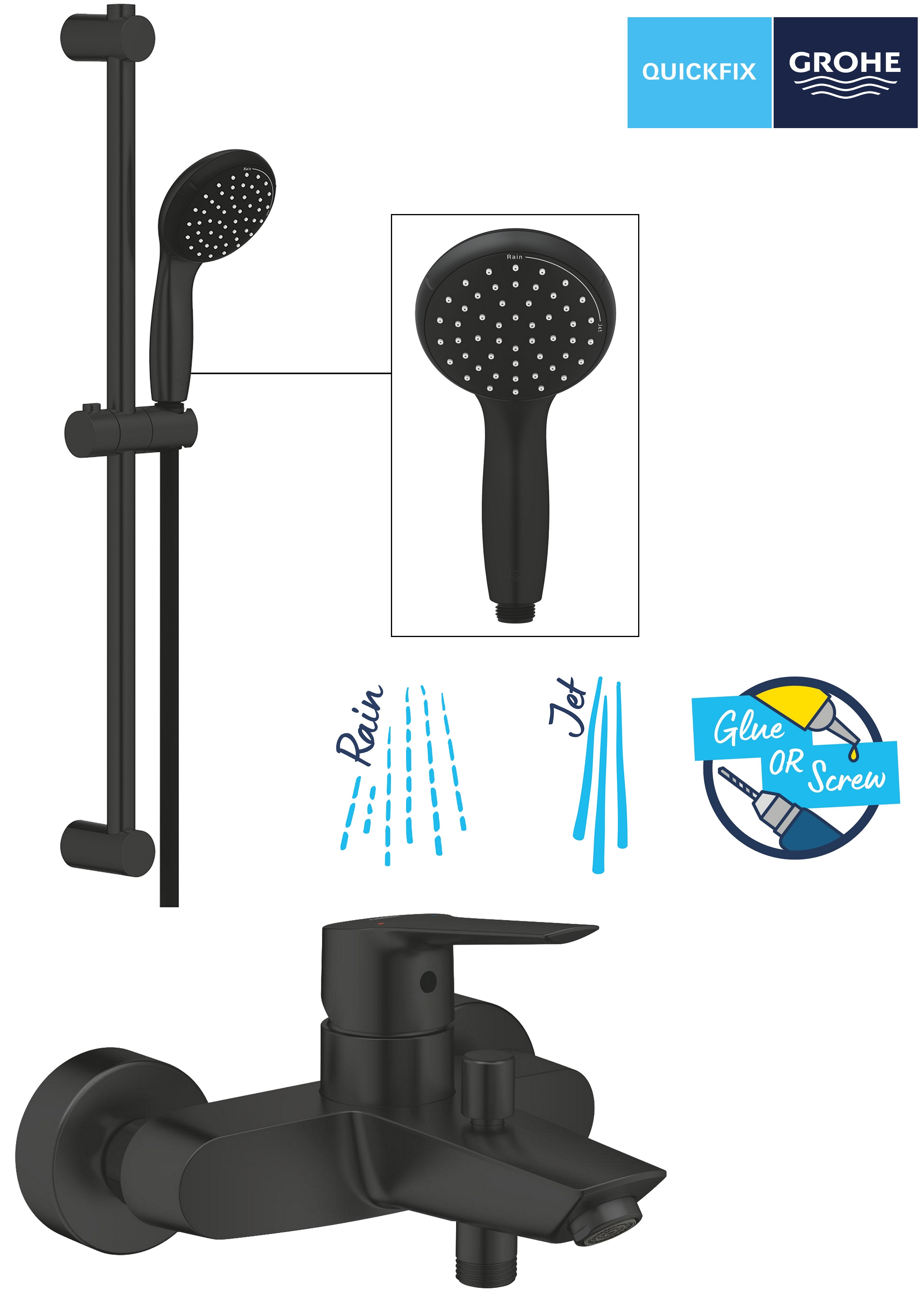 Змішувач для ванни з душовим гарнітуром Grohe QuickFix Start Black UA30330702 ціна 11399 грн - фотографія 2