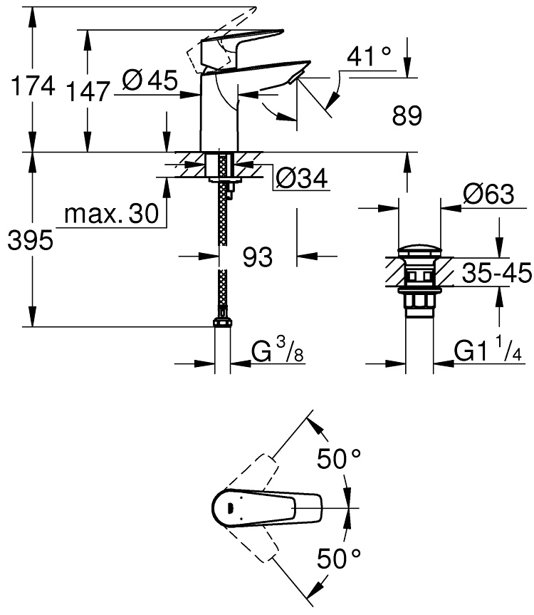 Grohe QuickFix Start Edge 23898001 Габаритні розміри