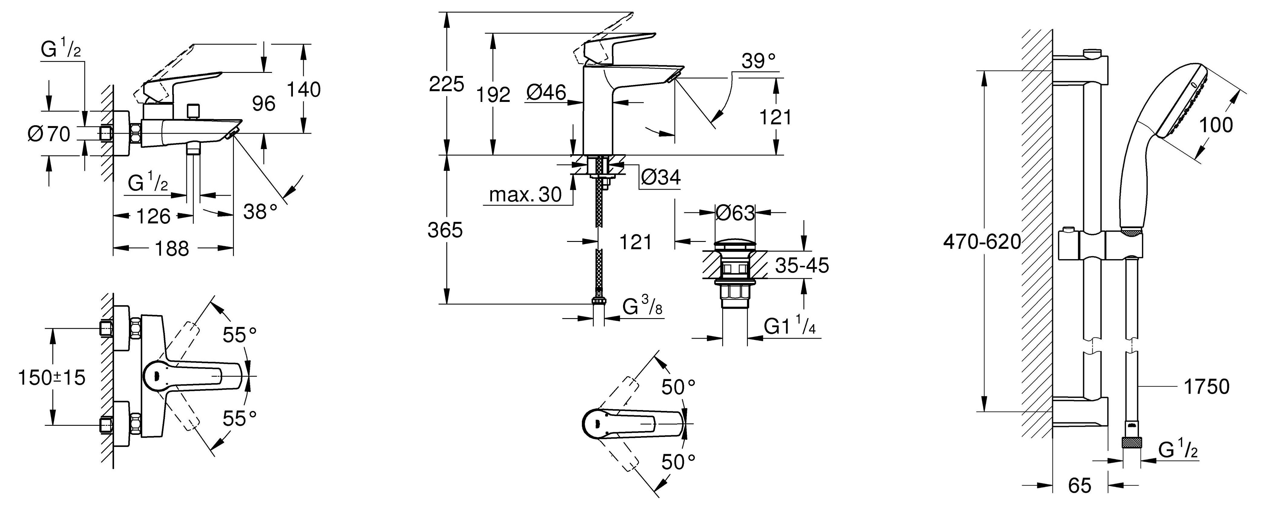 Grohe QuickFix Start M-Size Black UA303301MQ Габаритные размеры