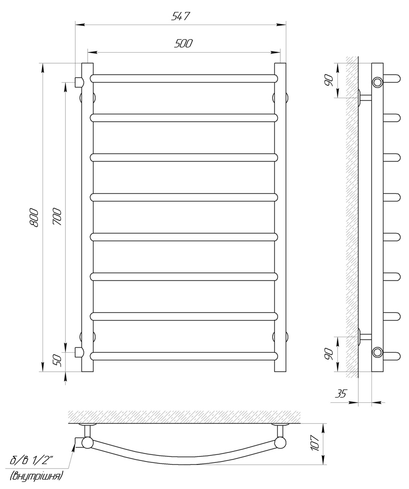 Laris Класик П8 500x800 б/п 1/2" мц 700 Габаритные размеры