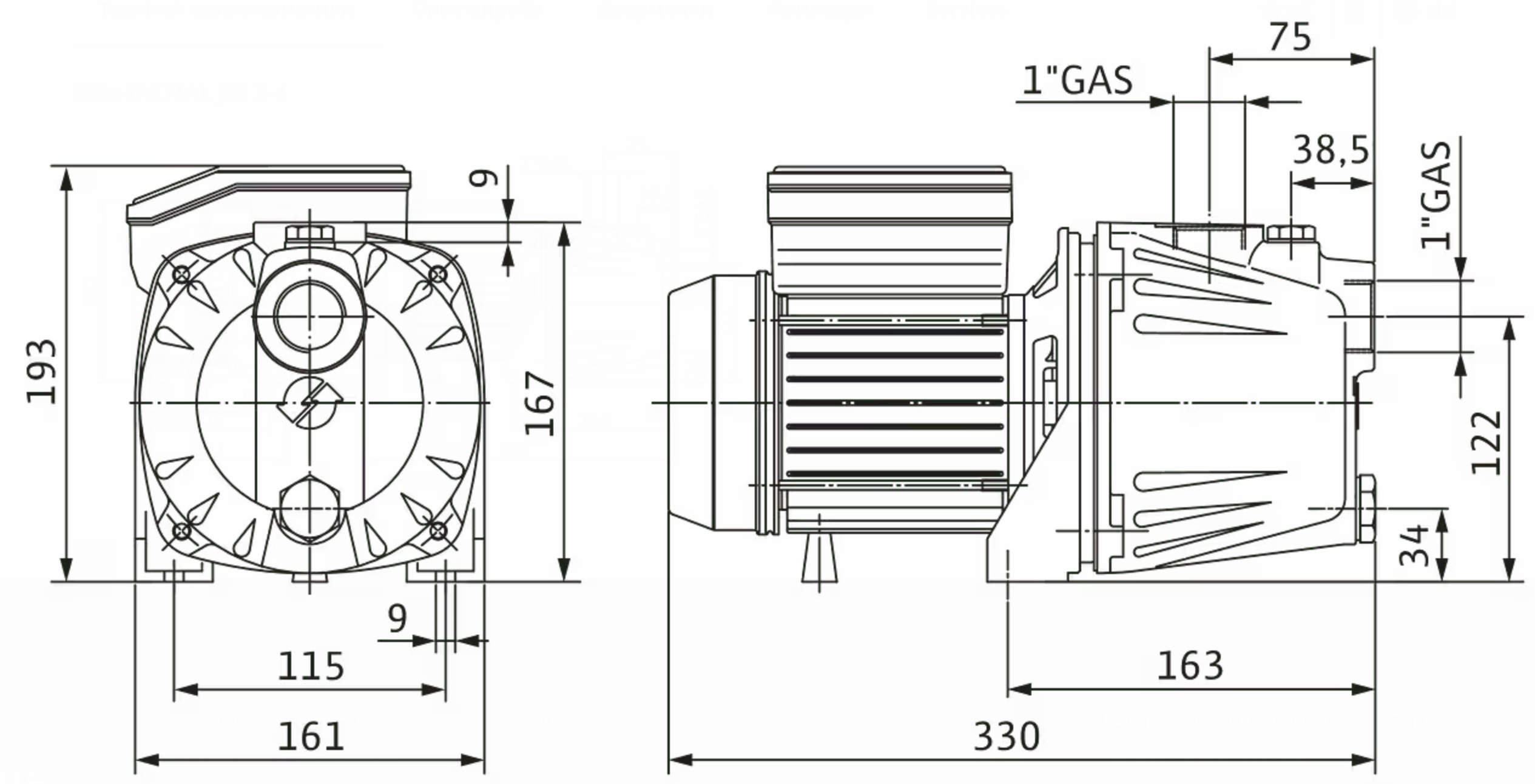 Wilo Initial Jet 3-4 (4185607) Габаритні розміри