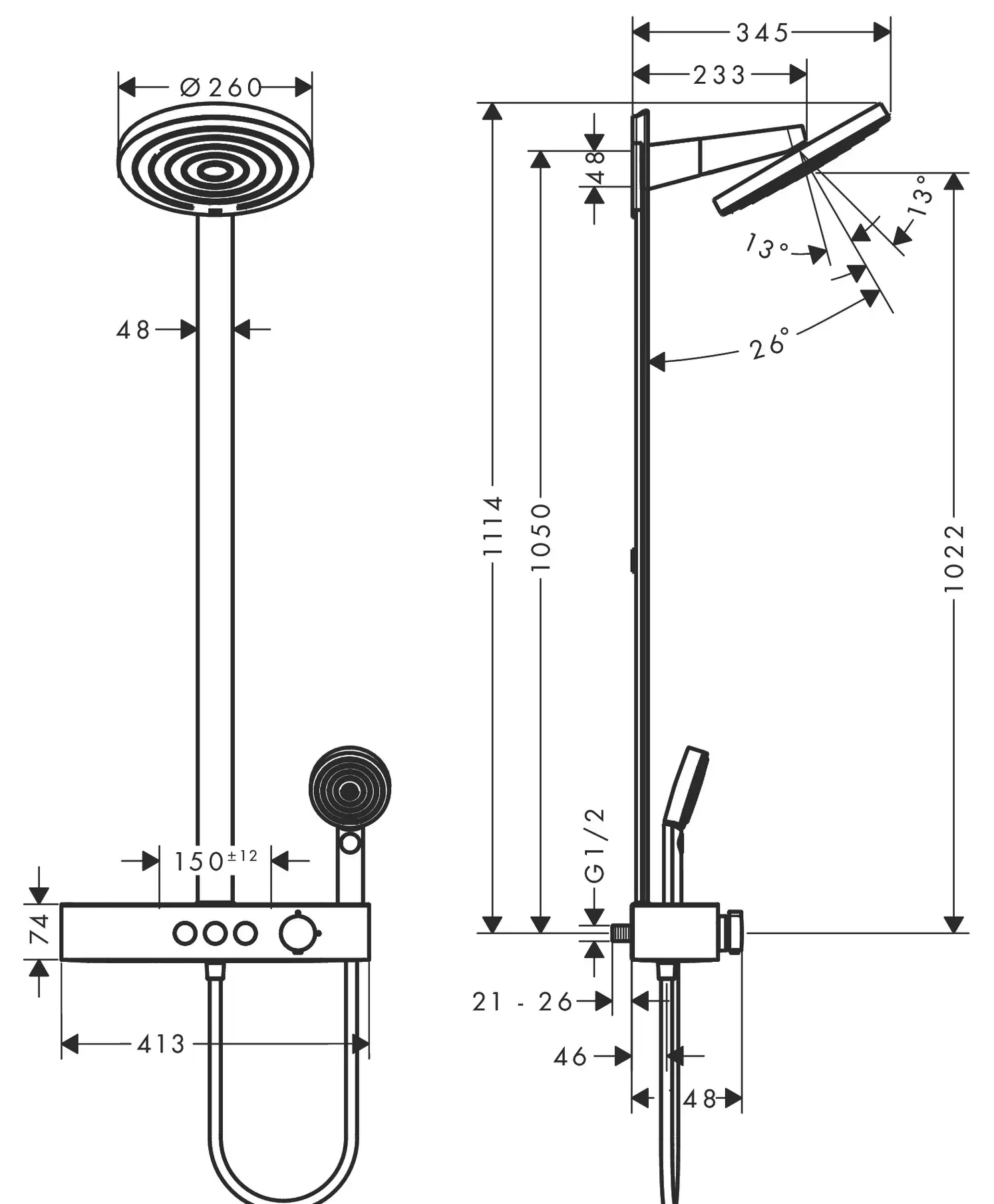 Hansgrohe Pulsify Showerpipe 260 24240000 Габаритні розміри