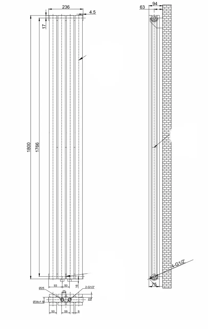 ArttiDesign Terni II 4/1800/236/50 чёрный матовый (TR II.4.180.23.5.B) Габаритные размеры