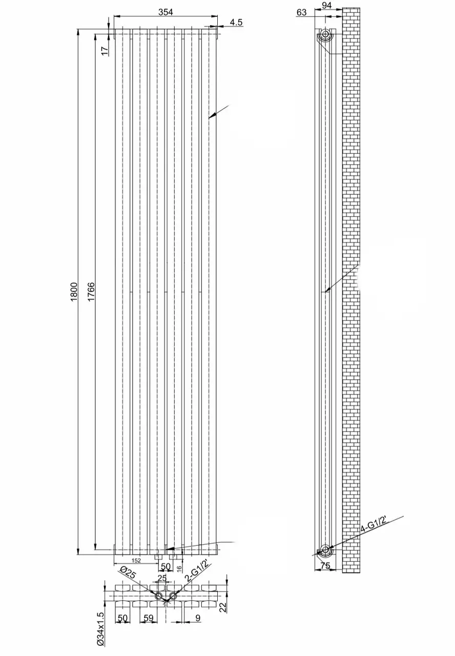 ArttiDesign Terni II 6/1800/354/50 чёрный матовый Габаритные размеры