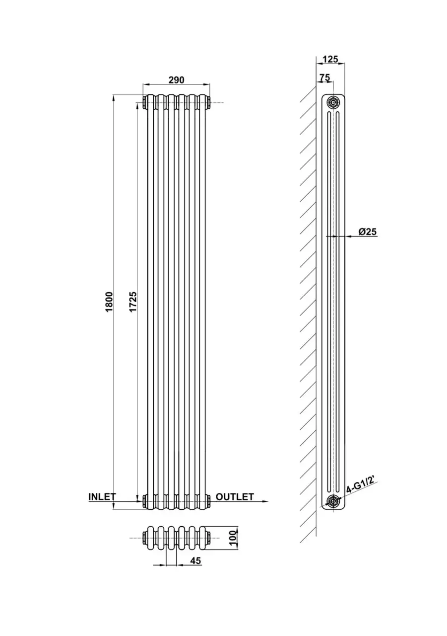 ArttiDesign Bari III 6/1800/290 серый матовый (BR III.6.180.29.5.G) Габаритные размеры