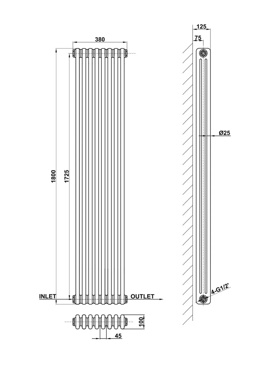 ArttiDesign Bari III 8/1800/380 чорний матовий Габаритні розміри