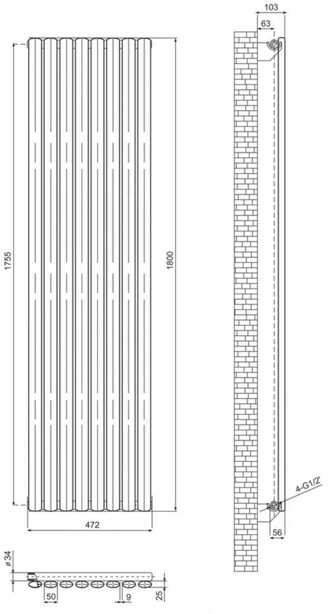 ArttiDesign Rimini 8/1800/472 серый матовый Габаритные размеры