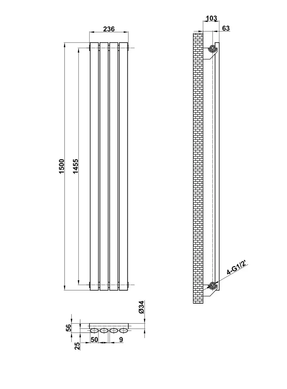 ArttiDesign Rimini 4/1500/236 чорний матовий (RM.4.150.23.B) Габаритні розміри