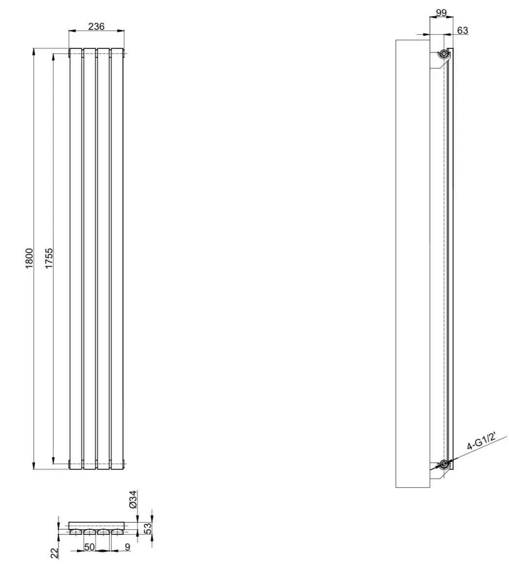 ArttiDesign Terni 4/1800/236 серый матовый (TR.4.180.23.G) Габаритные размеры