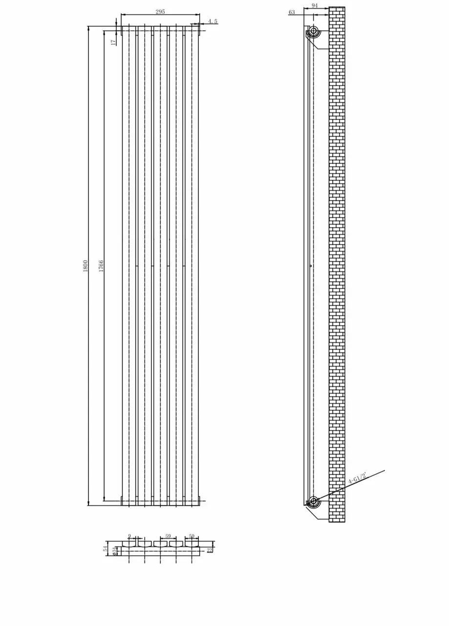 ArttiDesign Terni 5/1800/295 білий матовий (TR 5.180.29.W) Габаритні розміри