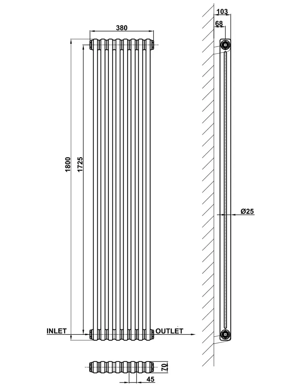 ArttiDesign Bari II 8/1800/380/50 белый матовый Габаритные размеры