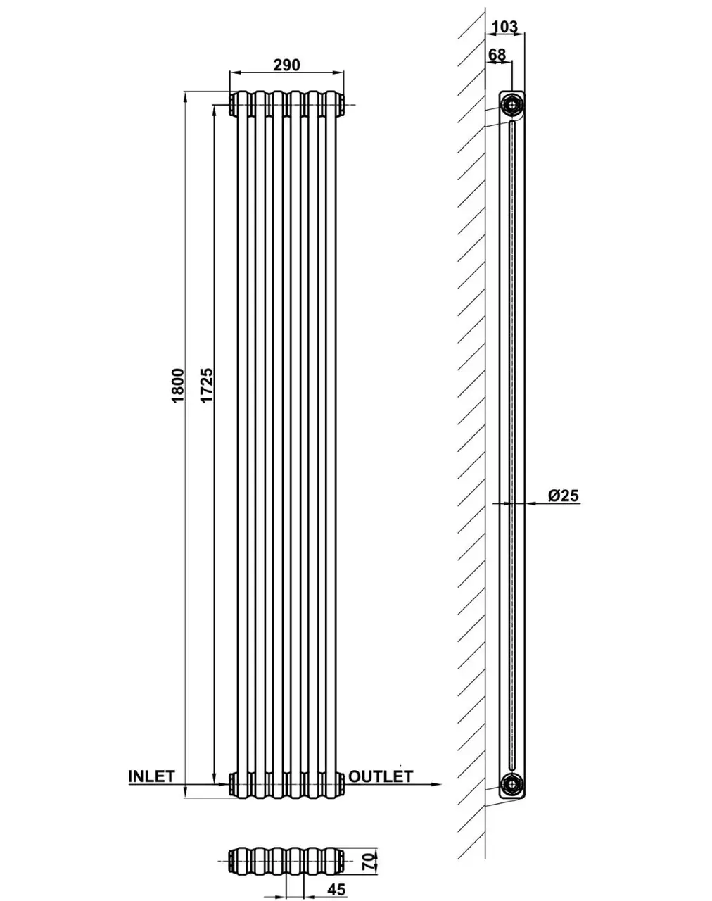 ArttiDesign Bari II 6/1800/290 белый матовый Габаритные размеры